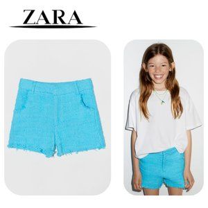 ZARA GIRLS TWEED Fringed Shorts SZ 9 Blue Adjustable Textured
